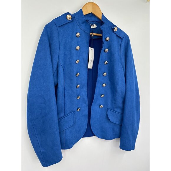 Molly Bracken Military Jacket Gold Button Cobalt Faux Suede Blue Large NEW - Picture 2 of 5